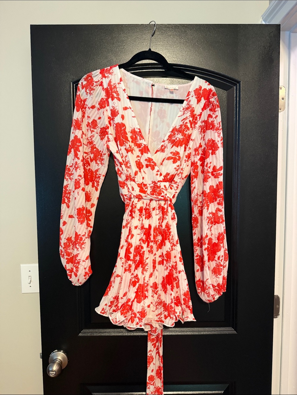 Luxxel Red and White Floral Long Sleeve Wrap Dress